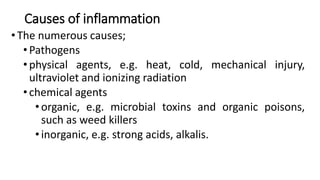 Causes of inflammation
•The numerous causes;
•Pathogens
•physical agents, e.g. heat, cold, mechanical injury,
ultraviolet and ionizing radiation
•chemical agents
•organic, e.g. microbial toxins and organic poisons,
such as weed killers
•inorganic, e.g. strong acids, alkalis.
 
