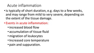 Acute inflammation
•is typically of short duration, e.g. days to a few weeks,
and may range from mild to very severe, depending on
the extent of the tissue damage.
•Events in acute inflammation:
•increased blood flow
•accumulation of tissue fluid
•migration of leukocytes
•Increased core temperature
•pain and suppuration.
 
