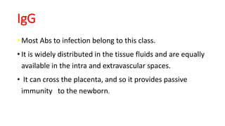 IgG
• Most Abs to infection belong to this class.
• It is widely distributed in the tissue fluids and are equally
available in the intra and extravascular spaces.
• It can cross the placenta, and so it provides passive
immunity to the newborn.
 
