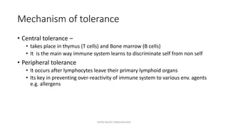Mechanism of tolerance
• Central tolerance –
• takes place in thymus (T cells) and Bone marrow (B cells)
• It is the main way immune system learns to discriminate self from non self
• Peripheral tolerance
• It occurs after lymphocytes leave their primary lymphoid organs
• Its key in preventing over-reactivity of immune system to various env. agents
e.g. allergens
INTRO BLOCK IMMUNOLOGY
 