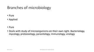 Branches of microbiology
• Pure
• Applied
• Pure
• Deals with study of microorganisms on their own right. Bacteriology,
mycology, protozoology, parasitology, immunology, virology
8/27/2023 MICROBIOLOGY INTRO BLOCK
 