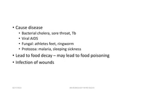 • Cause disease
• Bacterial cholera, sore throat, Tb
• Viral AIDS
• Fungal: athletes feet, ringworm
• Protozoa: malaria, sleeping sickness
• Lead to food decay – may lead to food poisoning
• Infection of wounds
8/27/2023 MICROBIOLOGY INTRO BLOCK
 