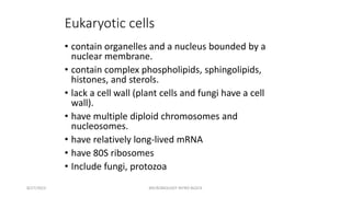 Eukaryotic cells
• contain organelles and a nucleus bounded by a
nuclear membrane.
• contain complex phospholipids, sphingolipids,
histones, and sterols.
• lack a cell wall (plant cells and fungi have a cell
wall).
• have multiple diploid chromosomes and
nucleosomes.
• have relatively long-lived mRNA
• have 80S ribosomes
• Include fungi, protozoa
8/27/2023 MICROBIOLOGY INTRO BLOCK
 