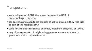 Transposons
• are small pieces of DNA that move between the DNA of
bacteriophages, bacteria
• are bacteria or plasmids not capable of self-replication, they replicate
as part of the recipient DNA
• code for antibiotic resistance enzymes, metabolic enzymes, or toxins.
• may alter expression of neighboring genes or cause mutations to
genes into which they are inserted.
8/27/2023 MICROBIOLOGY INTRO BLOCK
 