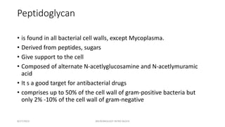 Peptidoglycan
• is found in all bacterial cell walls, except Mycoplasma.
• Derived from peptides, sugars
• Give support to the cell
• Composed of alternate N-acetlyglucosamine and N-acetlymuramic
acid
• It s a good target for antibacterial drugs
• comprises up to 50% of the cell wall of gram-positive bacteria but
only 2% -10% of the cell wall of gram-negative
8/27/2023 MICROBIOLOGY INTRO BLOCK
 