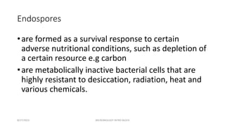 Endospores
•are formed as a survival response to certain
adverse nutritional conditions, such as depletion of
a certain resource e.g carbon
•are metabolically inactive bacterial cells that are
highly resistant to desiccation, radiation, heat and
various chemicals.
8/27/2023 MICROBIOLOGY INTRO BLOCK
 