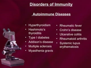Disorders of Immunity
Autoimmune Diseases
• Hyperthyroidism
• Hashimoto’s
thyroiditis
• Type I diabetes
• Addison’s disease
• Multiple sclerosis
• Myasthenia gravis
• Rheumatic fever
• Crohn’s disease
• Ulcerative colitis
• Rheumatoid arthritis
• Systemic lupus
erythematosis
 