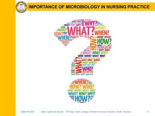 Date:4/5/2021 www. qadricohs.edu.pk FB Page: Qadri College of Health Sciences, Karachi, Sindh, Pakistan. 13
Date:4/5/2021 www. qadricohs.edu.pk FB Page: Qadri College of Health Sciences, Karachi, Sindh, Pakistan. 13
IMPORTANCE OF MICROBIOLOGY IN NURSING PRACTICE
 