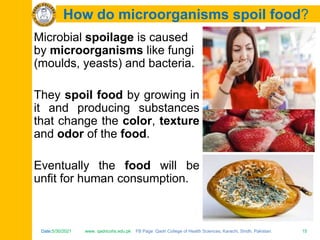 Date:5/30/2021 www. qadricohs.edu.pk FB Page: Qadri College of Health Sciences, Karachi, Sindh, Pakistan. 15
Date:5/30/2021 www. qadricohs.edu.pk FB Page: Qadri College of Health Sciences, Karachi, Sindh, Pakistan. 15
How do microorganisms spoil food?
Microbial spoilage is caused
by microorganisms like fungi
(moulds, yeasts) and bacteria.
They spoil food by growing in
it and producing substances
that change the color, texture
and odor of the food.
Eventually the food will be
unfit for human consumption.
 