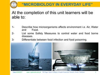 Date:5/30/2021 www. qadricohs.edu.pk FB Page: Qadri College of Health Sciences, Karachi, Sindh, Pakistan. 3
Date:5/30/2021 www. qadricohs.edu.pk FB Page: Qadri College of Health Sciences, Karachi, Sindh, Pakistan. 3
“MICROBIOLOGY IN EVERYDAY LIFE”
At the completion of this unit learners will be
able to:
1- Describe how microorganisms affects environment i.e. Air, Water
and Food.
2- List some Safety Measures to control water and food borne
diseases.
3- Differentiate between food infection and food poisoning.
 