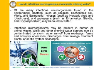 Date:5/30/2021 www. qadricohs.edu.pk FB Page: Qadri College of Health Sciences, Karachi, Sindh, Pakistan. 5
Date:5/30/2021 www. qadricohs.edu.pk FB Page: Qadri College of Health Sciences, Karachi, Sindh, Pakistan. 5
How do infectious microorganisms contaminate drinking water?
- Of the many infectious microorganisms found in the
environment, bacteria (such as Shigella, Escherichia coli,
Vibrio, and Salmonella), viruses (such as Norwalk virus and
rotaviruses), and protozoans (such as Entamoeba, Giardia,
and Cryptosporidium) may be found in water.
- Infectious microorganisms may be present in human or
animal waste. Wells and other drinking water sources can be
contaminated by storm water run-off from roadways, farms
and livestock operations, discharges from sewage treatment
plants, or septic system discharges.
 