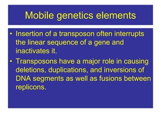 Mobile genetics elements
• Insertion of a transposon often interrupts
the linear sequence of a gene and
inactivates it.
• Transposons have a major role in causing
deletions, duplications, and inversions of
DNA segments as well as fusions between
replicons.
 