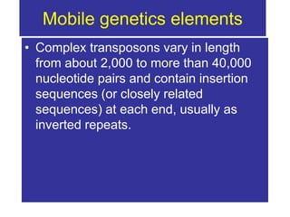 Mobile genetics elements
• Complex transposons vary in length
from about 2,000 to more than 40,000
nucleotide pairs and contain insertion
sequences (or closely related
sequences) at each end, usually as
inverted repeats.
 