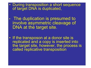 • During transposition a short sequence
of target DNA is duplicated,
• The duplication is presumed to
involve asymmetric cleavage of
DNA at the target site.
• If the transposon at a donor site is
replicated and a copy is inserted into
the target site, however, the process is
called replicative transposition
 
