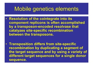 Mobile genetics elements
• Resolution of the cointegrate into its
component replicons is often accomplished
by a transposon-encoded resolvase that
catalyzes site-specific recombination
between the transposons.
• Transposition differs from site-specific
recombination by duplicating a segment of
the target sequence and by using a variety of
different target sequences for a single donor
sequence.
 