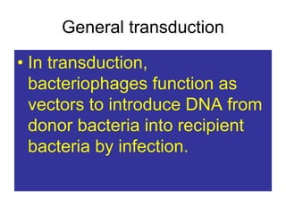 General transduction
• In transduction,
bacteriophages function as
vectors to introduce DNA from
donor bacteria into recipient
bacteria by infection.
 
