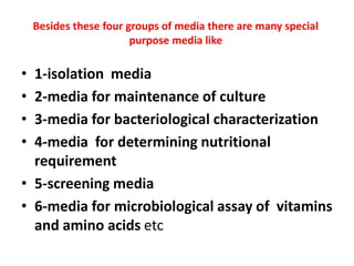 Besides these four groups of media there are many special
purpose media like
• 1-isolation media
• 2-media for maintenance of culture
• 3-media for bacteriological characterization
• 4-media for determining nutritional
requirement
• 5-screening media
• 6-media for microbiological assay of vitamins
and amino acids etc
 