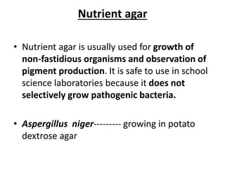 Nutrient agar
• Nutrient agar is usually used for growth of
non-fastidious organisms and observation of
pigment production. It is safe to use in school
science laboratories because it does not
selectively grow pathogenic bacteria.
• Aspergillus niger--------- growing in potato
dextrose agar
 