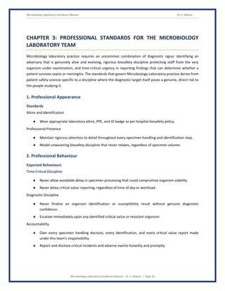 Microbiology Laboratory Excellence Manual Dr J L Meena
Microbiology Laboratory Excellence Manual – Dr J L Meena | Page 16
CHAPTER 3: PROFESSIONAL STANDARDS FOR THE MICROBIOLOGY
LABORATORY TEAM
Microbiology laboratory practice requires an uncommon combination of diagnostic rigour identifying an
adversary that is genuinely alive and evolving, rigorous biosafety discipline protecting staff from the very
organism under examination, and time-critical urgency in reporting findings that can determine whether a
patient survives sepsis or meningitis. The standards that govern Microbiology Laboratory practice derive from
patient safety science specific to a discipline where the diagnostic target itself poses a genuine, direct risk to
the people studying it.
1. Professional Appearance
Standards
Attire and Identification
● Wear appropriate laboratory attire, PPE, and ID badge as per hospital biosafety policy.
Professional Presence
● Maintain rigorous attention to detail throughout every specimen handling and identification step.
● Model unwavering biosafety discipline that never relaxes, regardless of specimen volume.
2. Professional Behaviour
Expected Behaviours
Time-Critical Discipline
● Never allow avoidable delay in specimen processing that could compromise organism viability.
● Never delay critical value reporting, regardless of time of day or workload.
Diagnostic Discipline
● Never finalize an organism identification or susceptibility result without genuine diagnostic
confidence.
● Escalate immediately upon any identified critical value or resistant organism.
Accountability
● Own every specimen handling decision, every identification, and every critical value report made
under this team's responsibility.
● Report and disclose critical incidents and adverse events honestly and promptly.
 