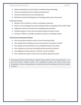 Microbiology Laboratory Excellence Manual Dr J L Meena
Microbiology Laboratory Excellence Manual – Dr J L Meena | Page 19
● Organism identification and antimicrobial susceptibility testing methodology.
● Critical value identification and immediate reporting protocol.
● Laboratory biosafety practice across biosafety levels.
● FMEA, RCA, and CAPA methodologies for microbiology-specific quality improvement.
Continuous Learning
● Maintain current certification in relevant microbiology competencies.
● Maintain current knowledge of evolving microbiology evidence and guidelines (CLSI, EUCAST, WHO).
● Engage with national and international microbiology professional bodies.
● Participate regularly in critical value and outbreak response simulation training.
● Participate in NABH, JCI, and NABL accreditation training for microbiology standards.
Professional Standards Checklist
● Have I processed every specimen within its time-critical window today?
● Have I applied rigorous biosafety practice for every specimen and organism handled?
● Have I applied accurate identification and susceptibility testing for every isolate?
● Have I reported any critical value immediately with documented confirmation?
● Have I flagged any resistant organism to infection control immediately?
● Have I reported any incident or safety concern through the appropriate system?
Microbiology Laboratory professionalism is diagnostic rigour applied to a living, evolving adversary — the
team that preserves organism viability, tests susceptibility accurately, and reports critical values
immediately is the team standing between an invisible infection and the antibiotic that still has the power
to defeat it.
 