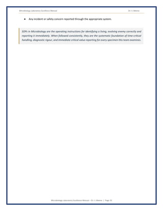 Microbiology Laboratory Excellence Manual Dr J L Meena
Microbiology Laboratory Excellence Manual – Dr J L Meena | Page 33
● Any incident or safety concern reported through the appropriate system.
SOPs in Microbiology are the operating instructions for identifying a living, evolving enemy correctly and
reporting it immediately. When followed consistently, they are the systematic foundation of time-critical
handling, diagnostic rigour, and immediate critical value reporting for every specimen this team examines.
 