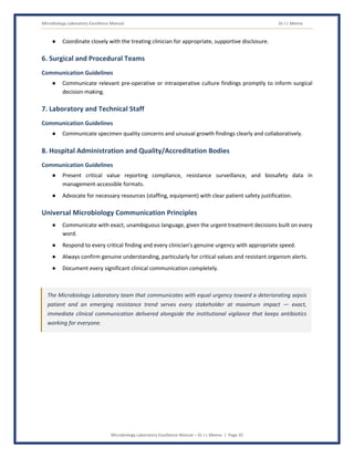 Microbiology Laboratory Excellence Manual Dr J L Meena
Microbiology Laboratory Excellence Manual – Dr J L Meena | Page 35
● Coordinate closely with the treating clinician for appropriate, supportive disclosure.
6. Surgical and Procedural Teams
Communication Guidelines
● Communicate relevant pre-operative or intraoperative culture findings promptly to inform surgical
decision-making.
7. Laboratory and Technical Staff
Communication Guidelines
● Communicate specimen quality concerns and unusual growth findings clearly and collaboratively.
8. Hospital Administration and Quality/Accreditation Bodies
Communication Guidelines
● Present critical value reporting compliance, resistance surveillance, and biosafety data in
management-accessible formats.
● Advocate for necessary resources (staffing, equipment) with clear patient safety justification.
Universal Microbiology Communication Principles
● Communicate with exact, unambiguous language, given the urgent treatment decisions built on every
word.
● Respond to every critical finding and every clinician's genuine urgency with appropriate speed.
● Always confirm genuine understanding, particularly for critical values and resistant organism alerts.
● Document every significant clinical communication completely.
The Microbiology Laboratory team that communicates with equal urgency toward a deteriorating sepsis
patient and an emerging resistance trend serves every stakeholder at maximum impact — exact,
immediate clinical communication delivered alongside the institutional vigilance that keeps antibiotics
working for everyone.
 