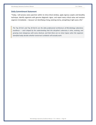 Microbiology Laboratory Excellence Manual Dr J L Meena
Microbiology Laboratory Excellence Manual – Dr J L Meena | Page 50
Daily Commitment Statement
“Today, I will process every specimen within its time-critical window, apply rigorous aseptic and biosafety
technique, identify organisms with genuine diagnostic rigour, and report every critical value and resistant
organism immediately — because I am identifying a living, evolving enemy, and getting it right saves a life.”
The Top 20 Do's and Top 20 Don'ts are the daily professional architecture of Microbiology Laboratory
excellence — each shaped by the understanding that this discipline's adversary is alive, evolving, and
growing more dangerous with every shortcut, and that there are no minor lapses when the organism
identified today decides whether tomorrow's antibiotic will actually work.
 