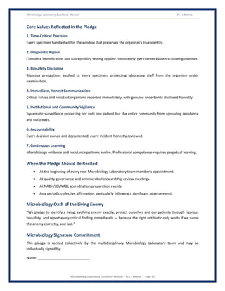 Microbiology Laboratory Excellence Manual Dr J L Meena
Microbiology Laboratory Excellence Manual – Dr J L Meena | Page 52
Core Values Reflected in the Pledge
1. Time-Critical Precision
Every specimen handled within the window that preserves the organism's true identity.
2. Diagnostic Rigour
Complete identification and susceptibility testing applied consistently, per current evidence-based guidelines.
3. Biosafety Discipline
Rigorous precautions applied to every specimen, protecting laboratory staff from the organism under
examination.
4. Immediate, Honest Communication
Critical values and resistant organisms reported immediately, with genuine uncertainty disclosed honestly.
5. Institutional and Community Vigilance
Systematic surveillance protecting not only one patient but the entire community from spreading resistance
and outbreaks.
6. Accountability
Every decision owned and documented; every incident honestly reviewed.
7. Continuous Learning
Microbiology evidence and resistance patterns evolve. Professional competence requires perpetual learning.
When the Pledge Should Be Recited
● At the beginning of every new Microbiology Laboratory team member's appointment.
● At quality governance and antimicrobial stewardship review meetings.
● At NABH/JCI/NABL accreditation preparation events.
● As a periodic collective affirmation, particularly following a significant adverse event.
Microbiology Oath of the Living Enemy
“We pledge to identify a living, evolving enemy exactly, protect ourselves and our patients through rigorous
biosafety, and report every critical finding immediately — because the right antibiotic only works if we name
the enemy correctly, and fast.”
Microbiology Signature Commitment
This pledge is recited collectively by the multidisciplinary Microbiology Laboratory team and may be
individually signed by:
Name: ___________________________
 