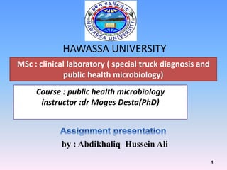 HAWASSA UNIVERSITY
1
MSc : clinical laboratory ( special truck diagnosis and
public health microbiology)
Course : public health microbiology
instructor :dr Moges Desta(PhD)
by : Abdikhaliq Hussein Ali
 