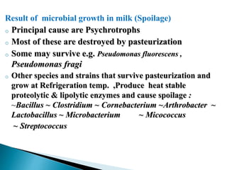 Result of microbial growth in milk (Spoilage)
o Principal cause are Psychrotrophs
o Most of these are destroyed by pasteurization
o Some may survive e.g. Pseudomonas fluorescens ,
Pseudomonas fragi
o Other species and strains that survive pasteurization and
grow at Refrigeration temp. ,Produce heat stable
proteolytic & lipolytic enzymes and cause spoilage :
~Bacillus ~ Clostridium ~ Cornebacterium ~Arthrobacter ~
Lactobacillus ~ Microbacterium ~ Micococcus
~ Streptococcus
 