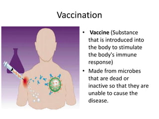 Vaccination
• Vaccine (Substance
that is introduced into
the body to stimulate
the body's immune
response)
• Made from microbes
that are dead or
inactive so that they are
unable to cause the
disease.
 