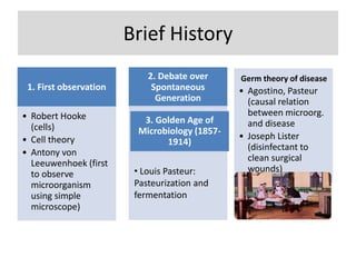 Brief History
1. First observation
• Robert Hooke
(cells)
• Cell theory
• Antony von
Leeuwenhoek (first
to observe
microorganism
using simple
microscope)
2. Debate over
Spontaneous
Generation
3. Golden Age of
Microbiology (1857-
1914)
• Agostino, Pasteur
(causal relation
between microorg.
and disease
• Joseph Lister
(disinfectant to
clean surgical
wounds)• Louis Pasteur:
Pasteurization and
fermentation
Germ theory of disease
 