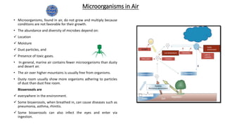 Microorganisms in Air
• Microorganisms, found in air, do not grow and multiply because
conditions are not favorable for their growth.
• The abundance and diversity of microbes depend on:
 Location
 Moisture
 Dust particles, and
 Presence of toxic gases.
• In general, marine air contains fewer microorganisms than dusty
and desert air.
• The air over higher mountains is usually free from organisms.
• Dusty room usually show more organisms adhering to particles
of dust than dust free room.
Bioaerosols are
 everywhere in the environment.
 Some bioaerosols, when breathed in, can cause diseases such as
pneumonia, asthma, rhinitis.
 Some bioaerosols can also infect the eyes and enter via
ingestion.
 