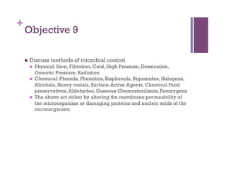 +
    Objective 9

        Discuss methods of microbial control
             Physical: Heat, Filtration, Cold, High Pressure, Dessication,
              Osmotic Pressure, Radiation
             Chemical: Phenols, Phenolics, Bisphenols, Biguanides, Halogens,
              Alcohols, Heavy metals, Surface-Active Agents, Chemical Food
              preservatives, Aldehydes, Gaseous Chemosterilizers, Peroxygens
             The above act either by altering the membrane permeability of
              the microorganism or damaging proteins and nucleic acids of the
              microorganism
 