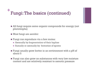 +
    Fungi: The basics (continued)

        All fungi require some organic compounds for energy (not
         phototrophs)

        Most fungi are aerobic

        Fungi can reproduce via a few routes:
             Asexually by fragmentatino of their hyphae
             Suxually or asexually by formation of spores

        Fungi usually grow better in an environment with a pH of
         about 5

        Fungi can also grow on substances with very low moisture
         content and are relatively resistant to osmotic pressure
 