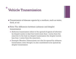 +
    Vehicle Transmission

        Transmission of disease agents by a medium, such as water,
         food, or air

        Note: The difference between airborne and droplet
         transmission
             Airborne transmission refers to the spread of agents of infection
              by droplet nuclei in dust that travel more than 1 meter from the
              reservoir to the host (in droplet transmission the droplet travels
              less than 1 meter from the reservoir).
             Example: Measles, Tuberculosis can also be spread by airborne
              transmission, even though it is also considered to be spread by
              droplet transmission
 