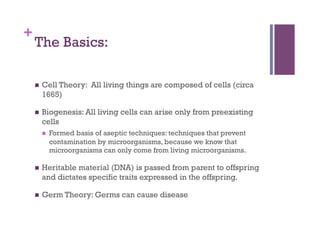 +
    The Basics:

        Cell Theory: All living things are composed of cells (circa
         1665)

        Biogenesis: All living cells can arise only from preexisting
         cells
             Formed basis of aseptic techniques: techniques that prevent
              contamination by microorganisms, because we know that
              microorganisms can only come from living microorganisms.

        Heritable material (DNA) is passed from parent to offspring
         and dictates specific traits expressed in the offspring.

        Germ Theory: Germs can cause disease
 
