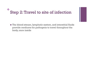 +
    Step 2: Travel to site of infection

        The blood stream, lymphatic system, and interstitial fluids
         provide mediums for pathogens to travel throughout the
         body, once inside
 