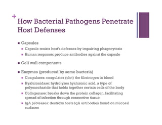 +
    How Bacterial Pathogens Penetrate
    Host Defenses
        Capsules
             Capsule resists host’s defenses by impairing phagocytosis
             Human response: produce antibodies against the capsule

        Cell wall components

        Enzymes (produced by some bacteria)
             Coagulases: coagulates (clot) the fibrinogen in blood
             Hyaluronidase: hydrolyzes hyaluronic acid, a type of
              polysaccharide that holds together certain cells of the body
             Collagenase: breaks down the protein collagen, facilitating
              spread of infection through connective tissue
             IgA proteases: destroys hosts IgA antibodies found on mucosal
              surfaces
 