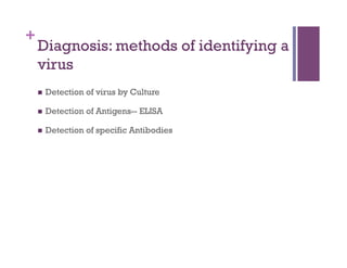 +
    Diagnosis: methods of identifying a
    virus
        Detection of virus by Culture

        Detection of Antigens-- ELISA

        Detection of specific Antibodies
 