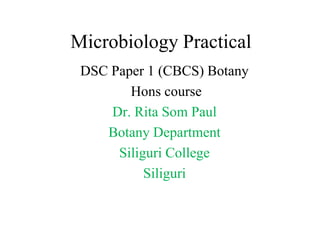 Microbiology Practical
DSC Paper 1 (CBCS) Botany
Hons course
Dr. Rita Som Paul
Botany Department
Siliguri College
Siliguri
 