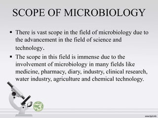 SCOPE OF MICROBIOLOGY
 There is vast scope in the field of microbiology due to
the advancement in the field of science and
technology.
 The scope in this field is immense due to the
involvement of microbiology in many fields like
medicine, pharmacy, diary, industry, clinical research,
water industry, agriculture and chemical technology.
 