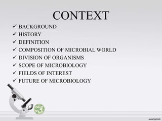 CONTEXT
 BACKGROUND
 HISTORY
 DEFINITION
 COMPOSITION OF MICROBIAL WORLD
 DIVISION OF ORGANISMS
 SCOPE OF MICROBIOLOGY
 FIELDS OF INTEREST
 FUTURE OF MICROBIOLOGY
 
