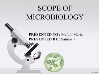 SCOPE OF
MICROBIOLOGY
PRESENTED TO : Ma’am Maria
PRESENTED BY : Samawia
Iqbal
 