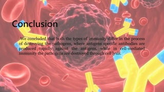 Conclusion
We concluded that both the types of immunity differ in the process
of destroying the pathogens, where antigens specific antibodies are
produced rapidly against the antigens, while in cell-mediated
immunity the pathogens are destroyed through cell lysis.
 
