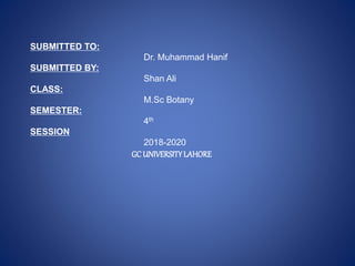 SUBMITTED TO:
Dr. Muhammad Hanif
SUBMITTED BY:
Shan Ali
CLASS:
M.Sc Botany
SEMESTER:
4th
SESSION:
2018-2020
GC UNIVERSITYLAHORE
 