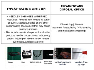TYPE OF WASTE IN WHITE BIN
TREATMENT AND
DISPOSAL OPTION
• NEEDLES, SYRINGES WITH FIXED
NEEDLES, needles from needle tip cutter
or burner, scalpels, blades or any other
contaminated sharp object that may cause
puncture and cuts
• This includes waste sharps such as lumbar
puncture needle, trocar canula, arthoscopy
blades, insulin pen needle, lancet needle,
eye needle,surgical stab knife
Disinfecting (chemical
treatment / autoclaving / microwaving
and mutilation / shredding)
Scalpel Blade SUTURE NEEDLE
Needle with
fixed needle
 