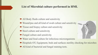 List of Microbial culture performed in HML
 All Body fluids culture and sensitivity
 Wound/pus and all kind of swab culture and sensitivity
 Tissue and biopsy culture and sensitivity
 Stool culture and sensitivity
 Fungal culture and sensitivity
 Water and food culture for infectious microorganisms
 Hospitals OT, Equipment, beds and surfaces sterility checking for microbes
 All kind of bacterial and fungal staining tests.
 