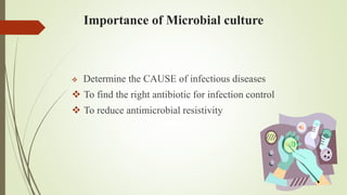 Importance of Microbial culture
 Determine the CAUSE of infectious diseases
 To find the right antibiotic for infection control
 To reduce antimicrobial resistivity
 