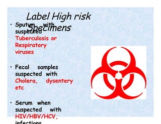Label High risk
Specimens
• Sputum with
suspected
Tuberculosis or
Respiratory
viruses
• Fecal samples
suspected with
Cholera, dysentery
etc
• Serum when
suspected with
HIV/HBV/HCV,
 